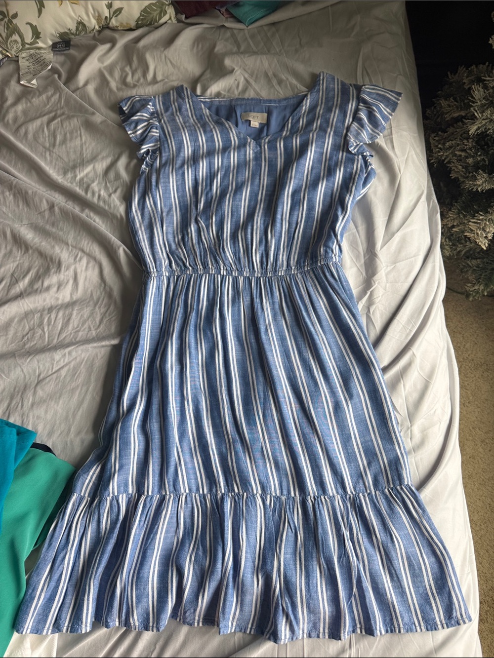 LOFT Blue and White Striped Ruffle-Sleeve Midi Dress